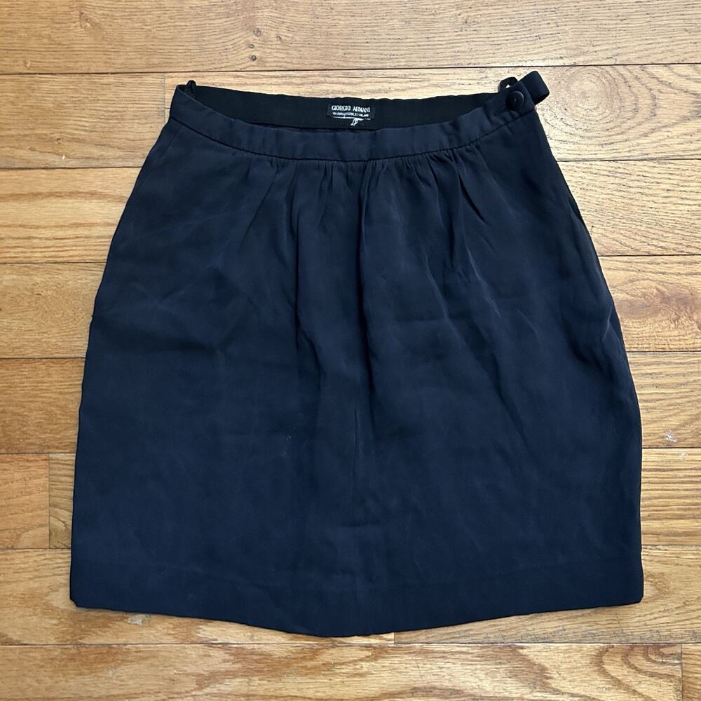 Vintage 80s Giorgio Armani Black Silk Mini Skirt Side Zip XS